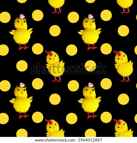 seamless pattern of toy chickens isolated on a black background. High quality photo