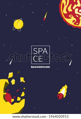 Purple space background with copy space for text. Astronomy Template Design with destroyed planet, sun and stars in outer space. Cartoon vector illustration.