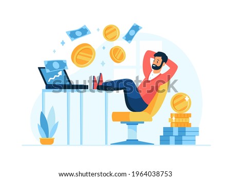 Passive income concept flat vector illustration. Male cartoon character businessman relax in chair while coins fly out of the computer. Easy money and investor concept Royalty-Free Stock Photo #1964038753
