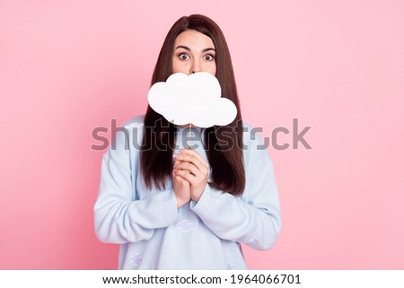 Photo of cute scared young woman wear blue pullover white cloud cover lips empty space isolated pink color background Royalty-Free Stock Photo #1964066701