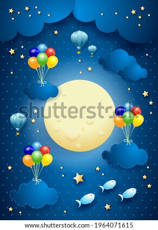 Starry sky with hanging balloons and clouds, vector illustration eps10
