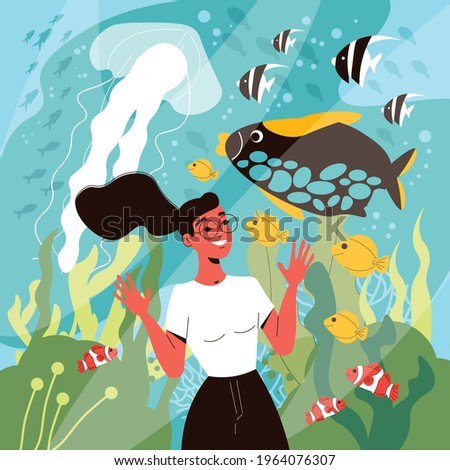 Happy woman watching fish and jellyfish in aquarium flat vector illustration