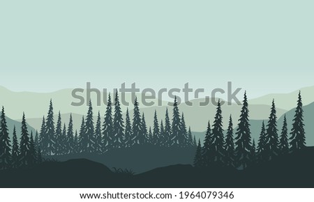 Cool mornings in the countryside with fantastic views of the mountains and silhouettes of pine trees. Vector illustration of a city