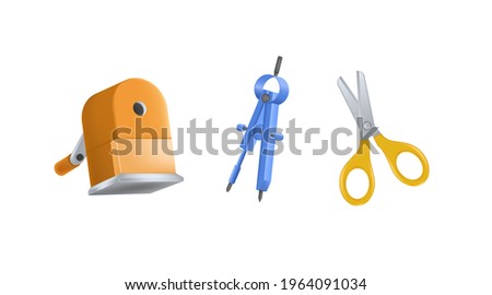 Set 3D stationary for education, school and office. 3D Pencil sharpener, Compasses, Scissor.