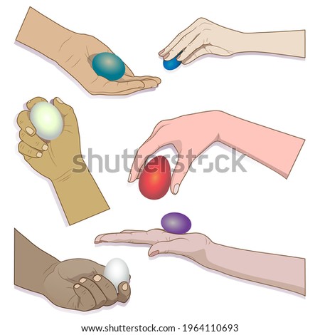 American, European, Asian, Arab, African hands hold Easter eggs of different colors. Hands of different nationalities hold Easter eggs. International happy Easter. Vector illustration.