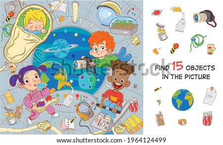Space adventure. International children's crew on a spaceship in a state of zero gravity eat, sleep, take pictures, exercise. Find 15 objects in the picture. Hidden objects puzzle  Royalty-Free Stock Photo #1964124499