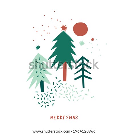 Cute tiny Christmas forest scene vector illustration isolated on white. Decorative Scandinavian moony winter background. Snowy Xmas evergreen pine-tree abstract print design.