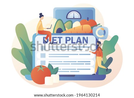 Diet plan with healthy food with vegetables, fruit and physical activity on website. Nutrition diet. Healthy lifestyle. Nutritionist online. Modern flat cartoon style. Vector illustration