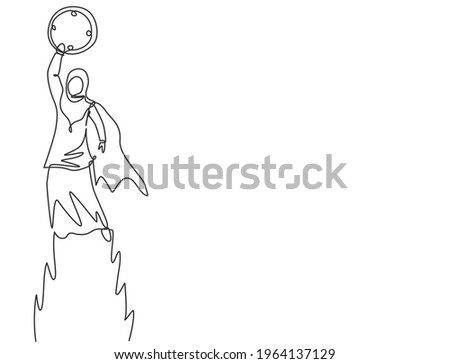 Continuous one line drawing young Arab female worker flying to the sky to reach analog clock. Minimalism metaphor business deadline concept. Single line draw design vector graphic illustration.