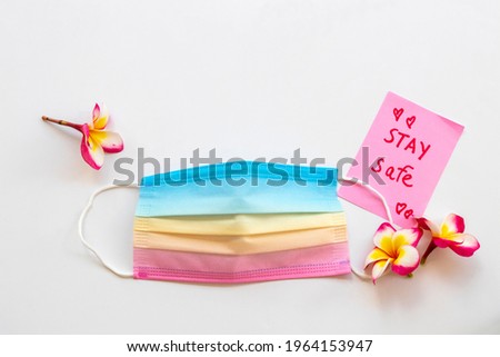 stay safe message card handwriting with colorful mask for health care covid19 arrangement postcard style on background white 