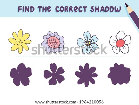 Find the correct shadow. Cute flowers. Educational game for kids. Collection of children's games. Vector illustration in cartoon style