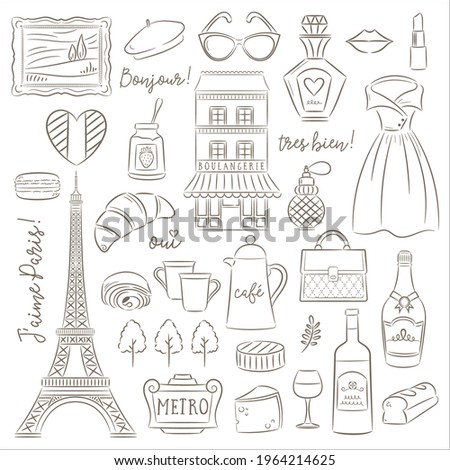 Paris icons sketched hand drawn style, Eiffel Tower, Fashion, Beauty, Food and Drink, Holiday, Vacation collection isolated on white. Translation Bonjour: Hello, Tres Bien: Very Good, Oui: Yes
