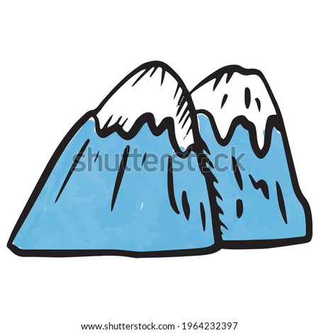 The mountain icon is hand-drawn in the doodle style. Cute mountains with snow