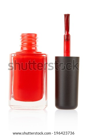 Red nail polish bottle with brush isolated on white, clipping path included
