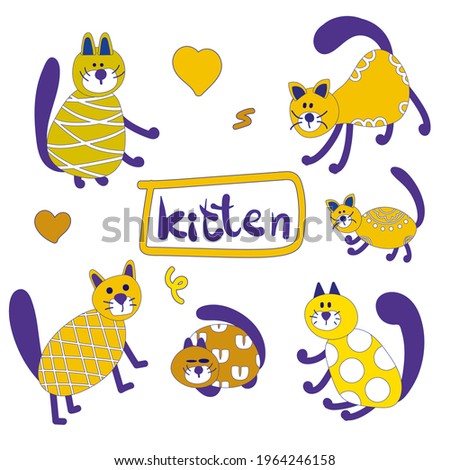 Funny cartoon cats with abstract pattern elements and lettering. Sticker set isolated on white background. Pretty kitty vector illustration set 
