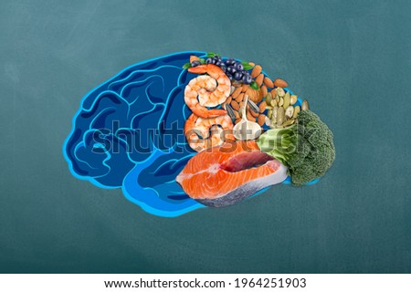 Drawn brain with assorted food, food for brain health and good memory, fish, green vegetables Royalty-Free Stock Photo #1964251903