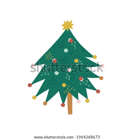 Cute decorated Christmas tree vector illustration isolated on white. Whimsy holly Xmas party pine tree clipart for kids. Seasonal winter holidays graphic design