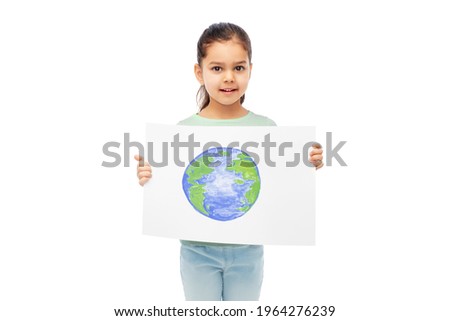 eco living, environment and sustainability concept - smiling girl holding drawing of earth planet over white background