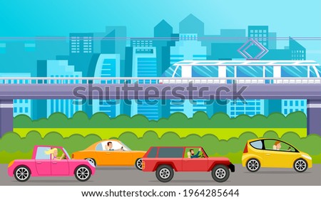 Crossover, cross country car, station wagon, car with tinted glasses vector illustration. Transport with people drive on asphalt road. Drivers in automobiles on background of modern cityscape
