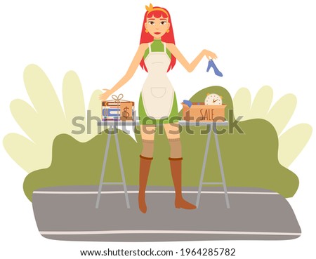 Girl is selling her books at garage sale in sunny day. Event for sale of used things for low price in backyard. Free time outdoor activity event vector illustration. Discounts on non-new items