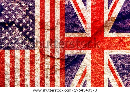 Grunge USA and UK vertical national flags icon pattern isolated together on weathered rock wall background, abstract international political relationship partnership concept texture wallpaper