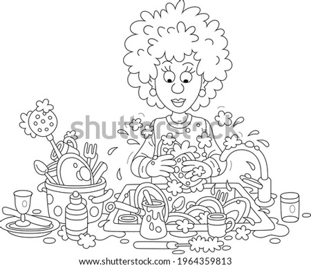 Everyday homework, a cute young woman washing dishes, pans, forks and spoons with liquid soap in her kitchen after dinner, black and white outline vector cartoon illustration