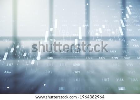 Multi exposure of creative statistics data hologram on empty modern office background, stats and analytics concept