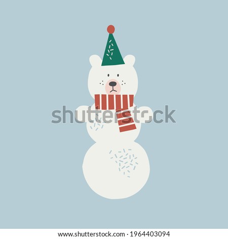 Funny Christmas bear snowman vector clipart. Snowy yeti animal illustration for kids. Seasonal winter holidays childish print design 