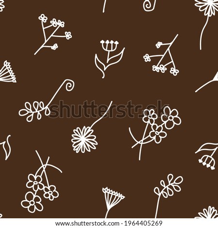 Endless flower pattern in white lineart with brown background