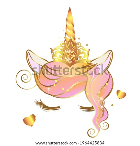 Vector unicorn face with closed eyes and wreath of pink flowers with sparkles. Unicorn golden horn with tiara.