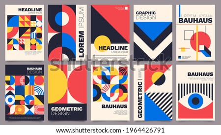 Geometric posters. Bauhaus cover templates with abstract geometry. Retro architecture minimal shapes, forms, lines and eye design vector set. Magazine, journal or album creative art cover Royalty-Free Stock Photo #1964426791