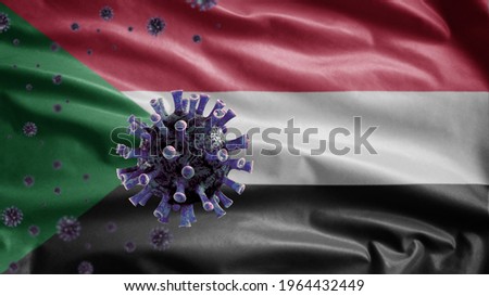 3D, Sudanese flag waving and Coronavirus 2019 nCov concept. Asian outbreak in Sudan, coronaviruses influenza as dangerous flu strain cases as a pandemic. Microscope virus Covid19 close up.