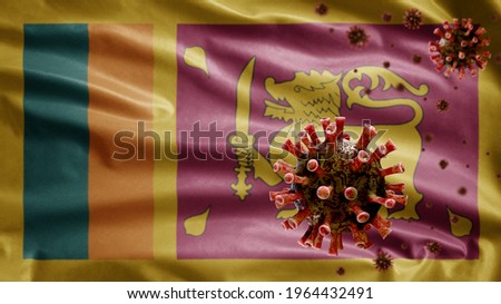 3D, Sri Lanka flag waving with coronavirus outbreak infecting respiratory system as dangerous flu. Influenza type Covid 19 virus with national Ceylon banner blowing background. Pandemic risk concept