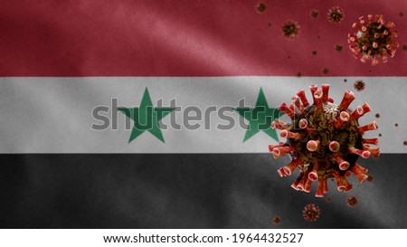 3D, Syrian flag waving with coronavirus outbreak infecting respiratory system as dangerous flu. Influenza type Covid 19 virus with national Syria banner blowing at background. Pandemic risk concept