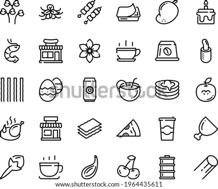 Food line icon set - hot cup, cafe, shop, pizza piece, shrimp, coffee, pate can, fried chicken, french dog, pancakes, to go, capsule, ham, kebab, easter egg, coconut cocktail, cake, beer aluminium