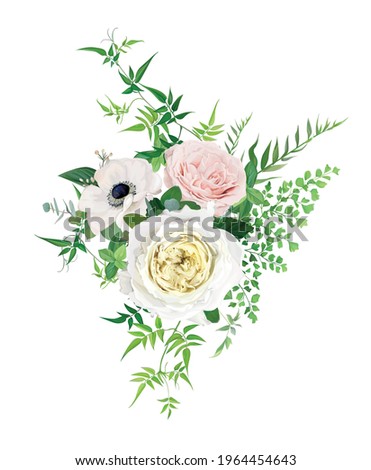 Tender, romantic vector floral bouquet illustration. Watercolor style anemone flower, blush pink, creamy yellow roses, greenery jasmine vines and fern leaves. Wedding invite, greeting designer element Royalty-Free Stock Photo #1964454643