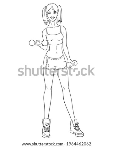 Girl is training with dumbbells, vector image, outline for coloring