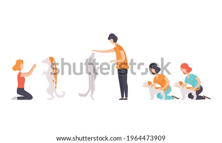 Pet Show Set, Male and Female Owners and their Purebred Dogs Taking Part in Competition Vector Illustration
