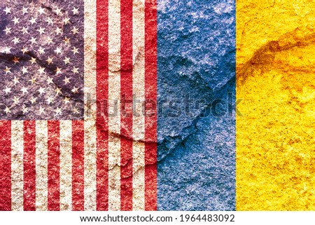 Vintage USA and Ukraine vertical national flags icon pattern isolated together on weathered stone wall background, abstract United States Ukraine politics relationship partnership concept wallpaper