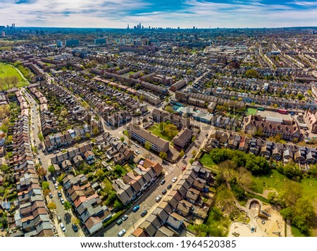 Aerial view of London residential streets, Hackney, UK Royalty-Free Stock Photo #1964520385