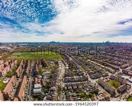 Aerial view of London residential streets, Hackney, UK