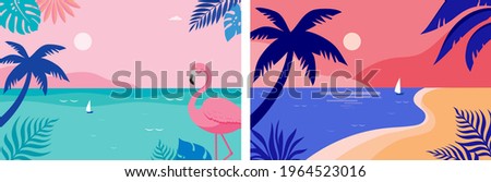 Summer time fun concept design. Creative background of landscape, panorama of sea and beach. Summer sale, post template Royalty-Free Stock Photo #1964523016