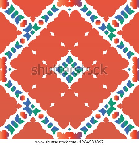 Mexican ornamental talavera ceramic. Vector seamless pattern arabesque. Universal design. Red vintage backdrop for wallpaper, web background, towels, print, surface texture, pillows.