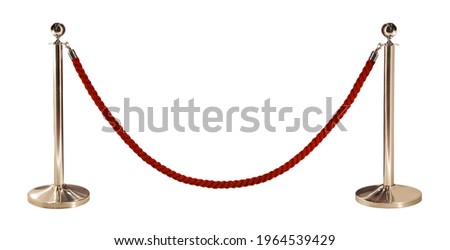 Silver racks with red restraining rope. Barrier, enclosed VIP area, protected enterance, private event, luxury gala concept. Stairs to the penthouse. Royalty-Free Stock Photo #1964539429