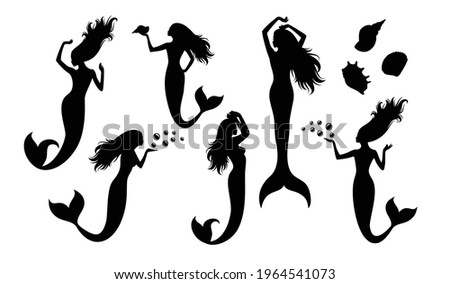 Set of vector silhouettes of pregnant mermaid.