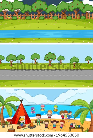 Set of different horizontal scenes background with doodle kids cartoon character illustration