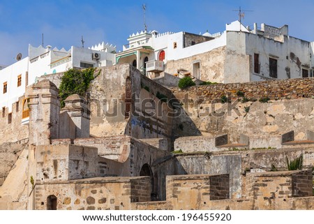 Ancient fortress and living houses in Medina, old Tangier, Morocco Royalty-Free Stock Photo #196455920