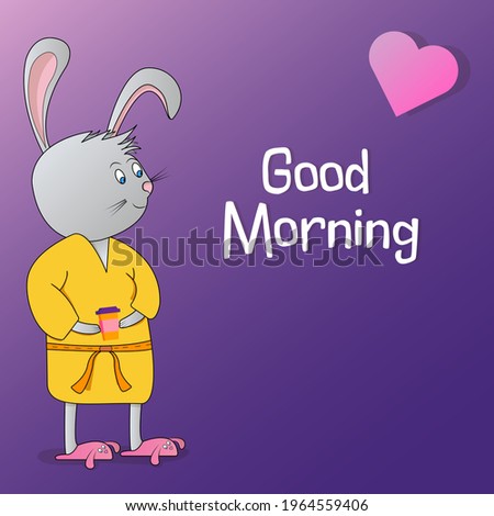A rabbit in slippers and a bathrobe with a cup of coffee. The concept of good morning. Cute cartoon bunny drinking coffee. Logo for a coffee shop