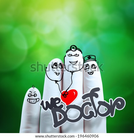 lovely couple hand drawn and finger,doctor and nurse with green nature background as concept 