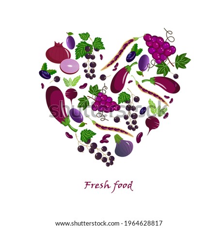 Card with fresh fruits and vegetables - eggplant, grapes and plums, beans and red onions, black currants. Fresh food in purple. Vector drawing on a white background with text. For use in illustrations
